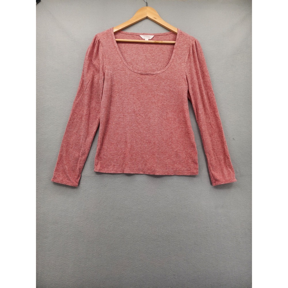 Lauren Conrad Pink Ribbed Scoop Neck Long Sleeve Top Large Soft Knit Puff Sleeve